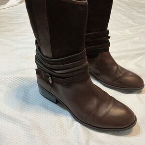 Lauren Ralph Lauren ,Dark Brown Mid-Calf Leather Heeled Boots with Wrap Detail